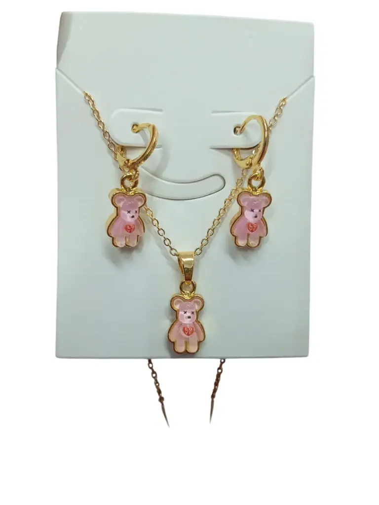 Set De Collar Y Aretes De Osito Rosado Over Gold