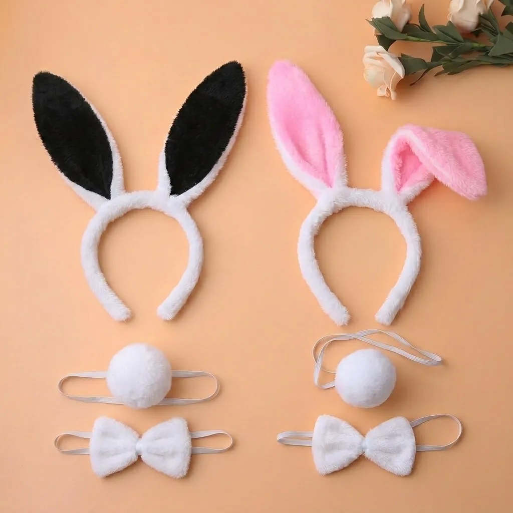 Set Diadema Conejita Orejas Blanca Rosada y Blanca Negro