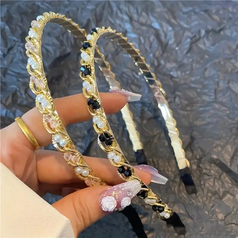 Diadema Metalica con Perlas Tejido Doble
