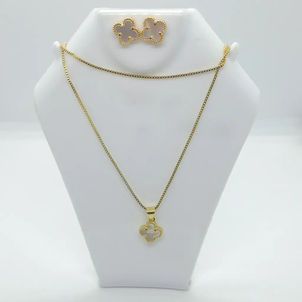 Cadena+Aretes Trebol Blanco Rodio