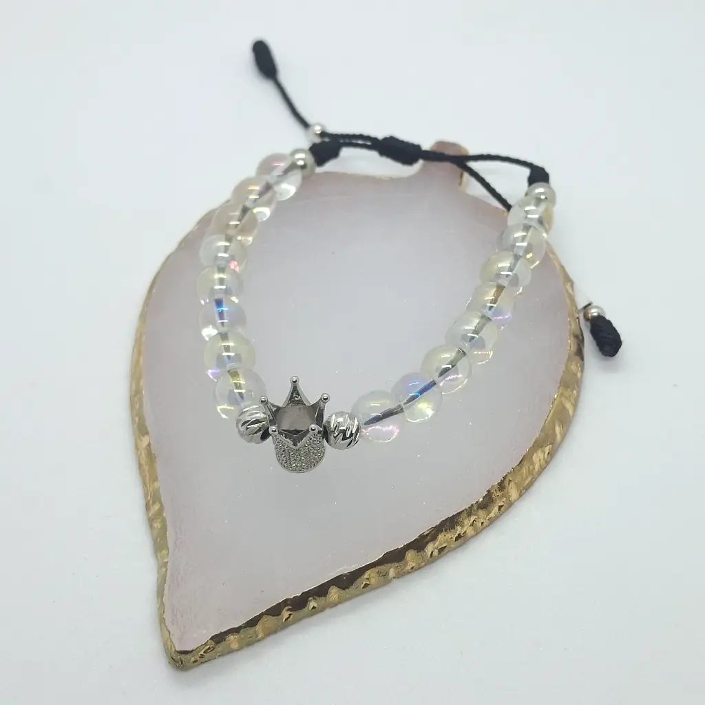 Pulsera Balín Transparente 8 mm Dije Corona