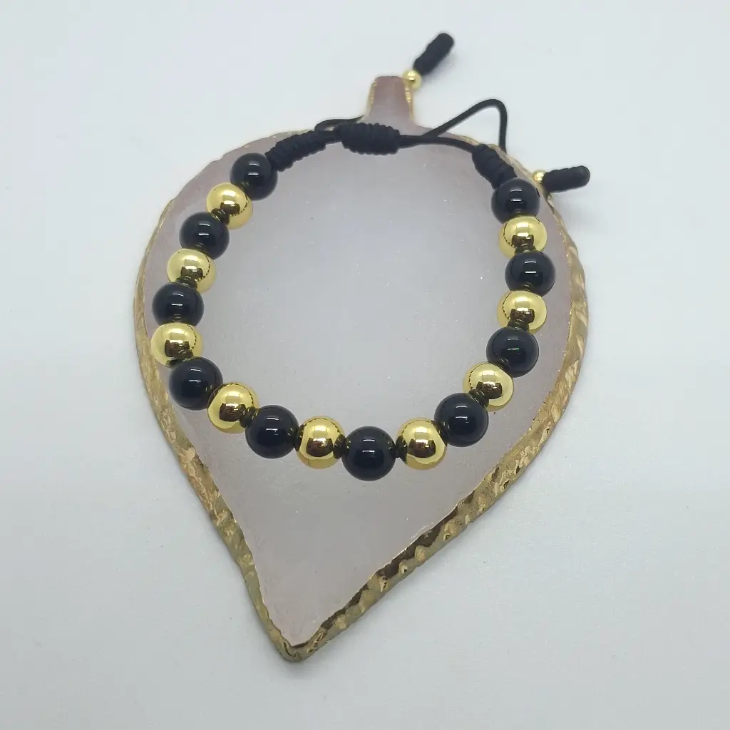 Pulsera Balin Negra Intercalada Con Dorado Onix Brillante Balin Rodio 8 mm Sin Dije
