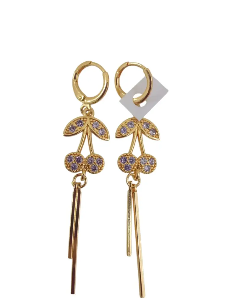 Candongas Doradas Con Colgante Lila Cereza