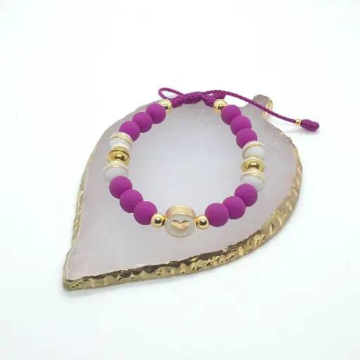 [ENC0000000000393ACC] Pulsera Neopreno Morada y Rodio Con Dije Corazón 8 mm