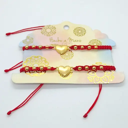[ENC0000000000779ACC] Set Pulseras Corazón x2 Rojas Tejido Con Balin Dorado