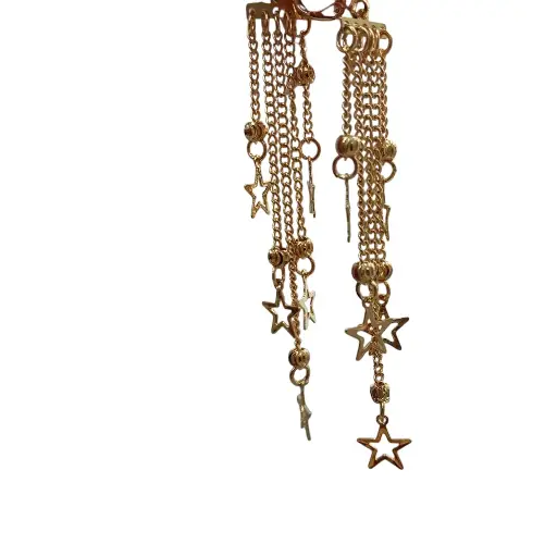 [ENC-0008] Aretes Largos en Over Gold – Aros con Cadenas y Estrellas Colgantes