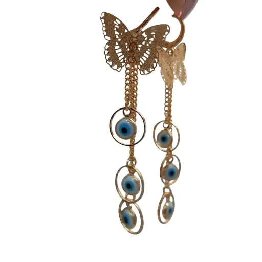 [ENC0000000000919ACC] Aretes Largos en Over Gold – Aros con Cadenas, Mariposas y Ojo Turco